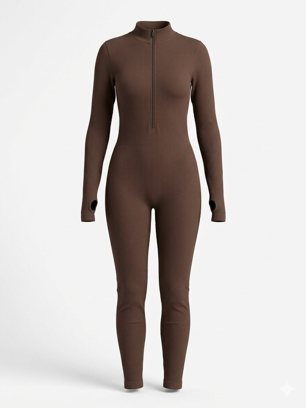 OQQ Ribbed Half Zip Mock Neck Jumpsuit Ladies Size XL Brown Long Sleeve New Fit